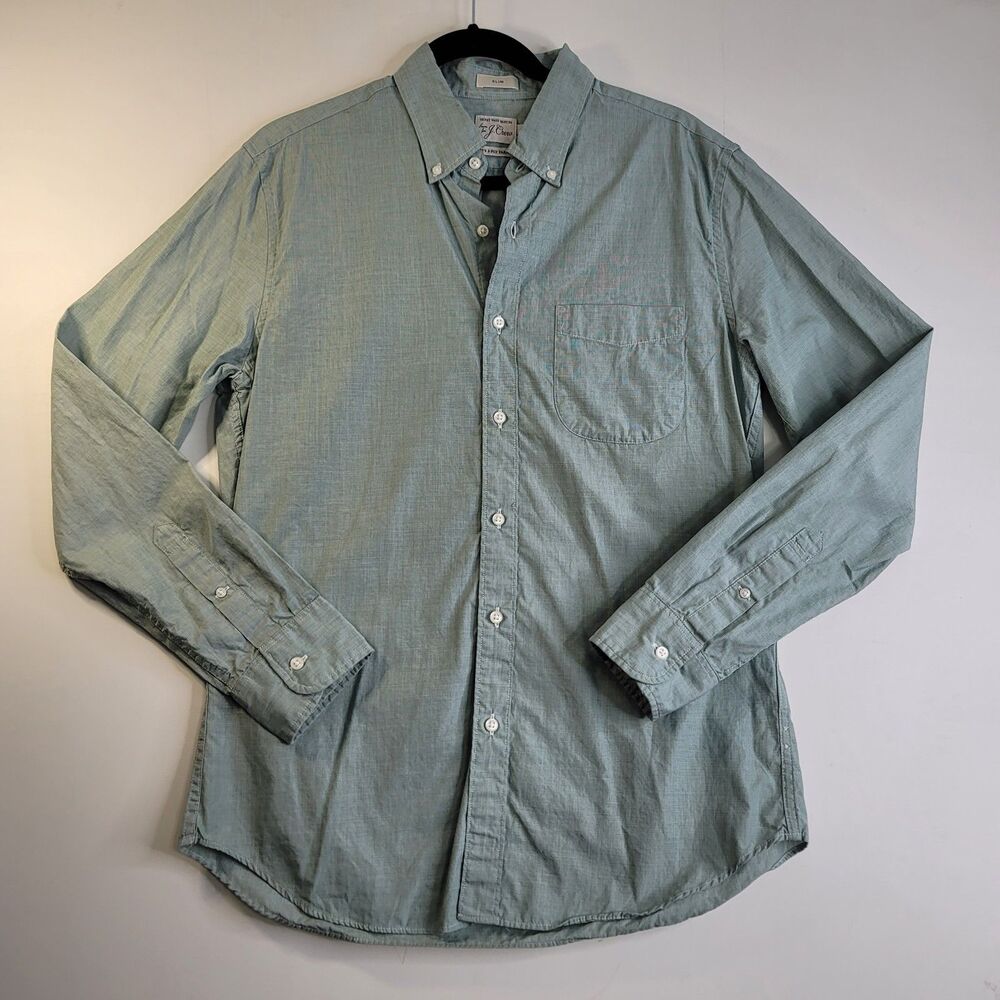 J.Crew Secret Wash Slim Organic Cotton Shirt Green White Micro Check Medium